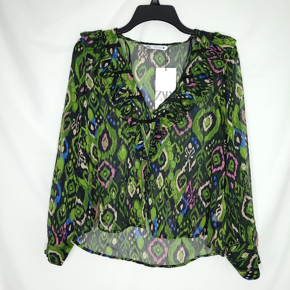 ZARA Women's Ruffle Front Sheer Long Sleeve Blouse LARGE (NWT) - Picture 1 of 14